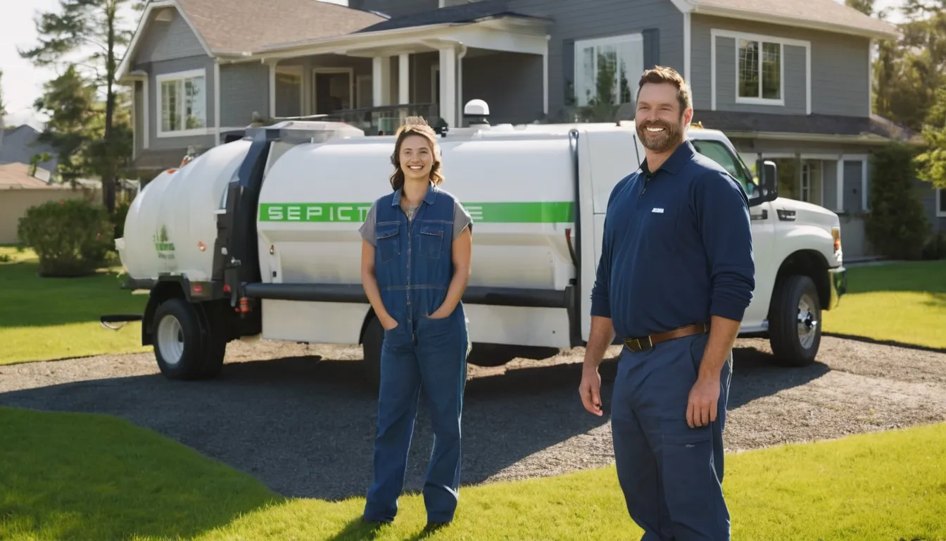 A friendly homeowner talking with a local septic provider beside a tank access area in Mentor